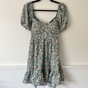 Dress Womens Large Sage Floral Mini Baby Doll Puff Sleeve Cutout Back Ruffle Hem